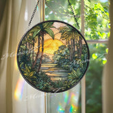 Jungle Sunset Stained Glass Suncatcher, Round Tropical Forest River Window Panel with Palm Trees, Exotic Nature Home Decor Gift